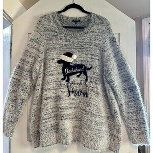 Women’s Oversized Holiday Sweater Dachshund Through The Snow Size 1X Black/white
